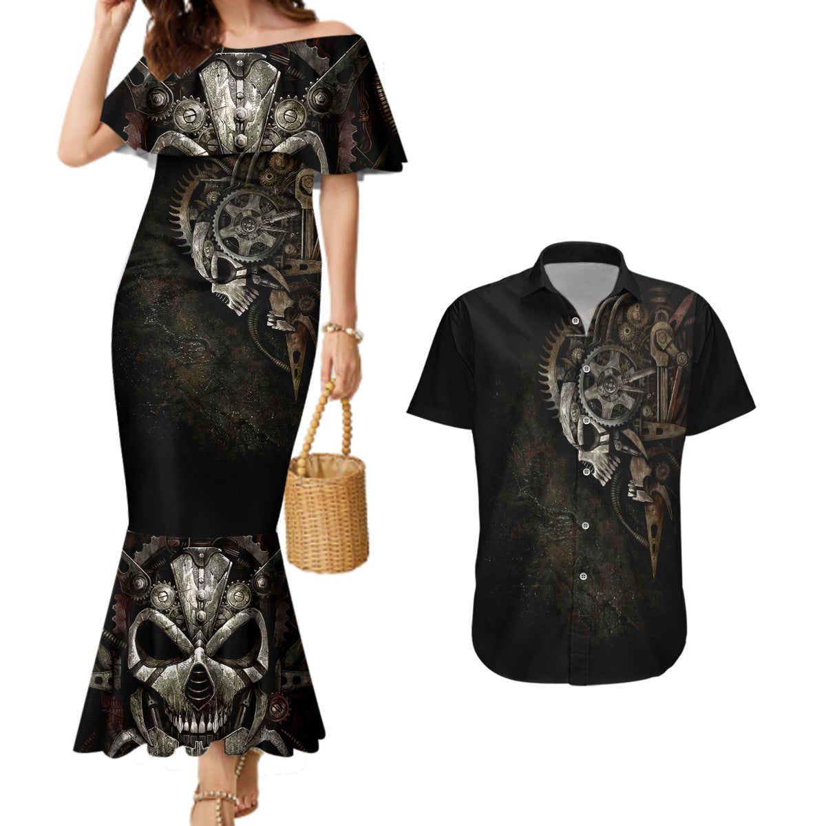 Unveiling the Mechanical Skull Couples Matching Mermaid Dress And Hawaiian Shirt Cybernetic Enigma - Wonder Print Shop