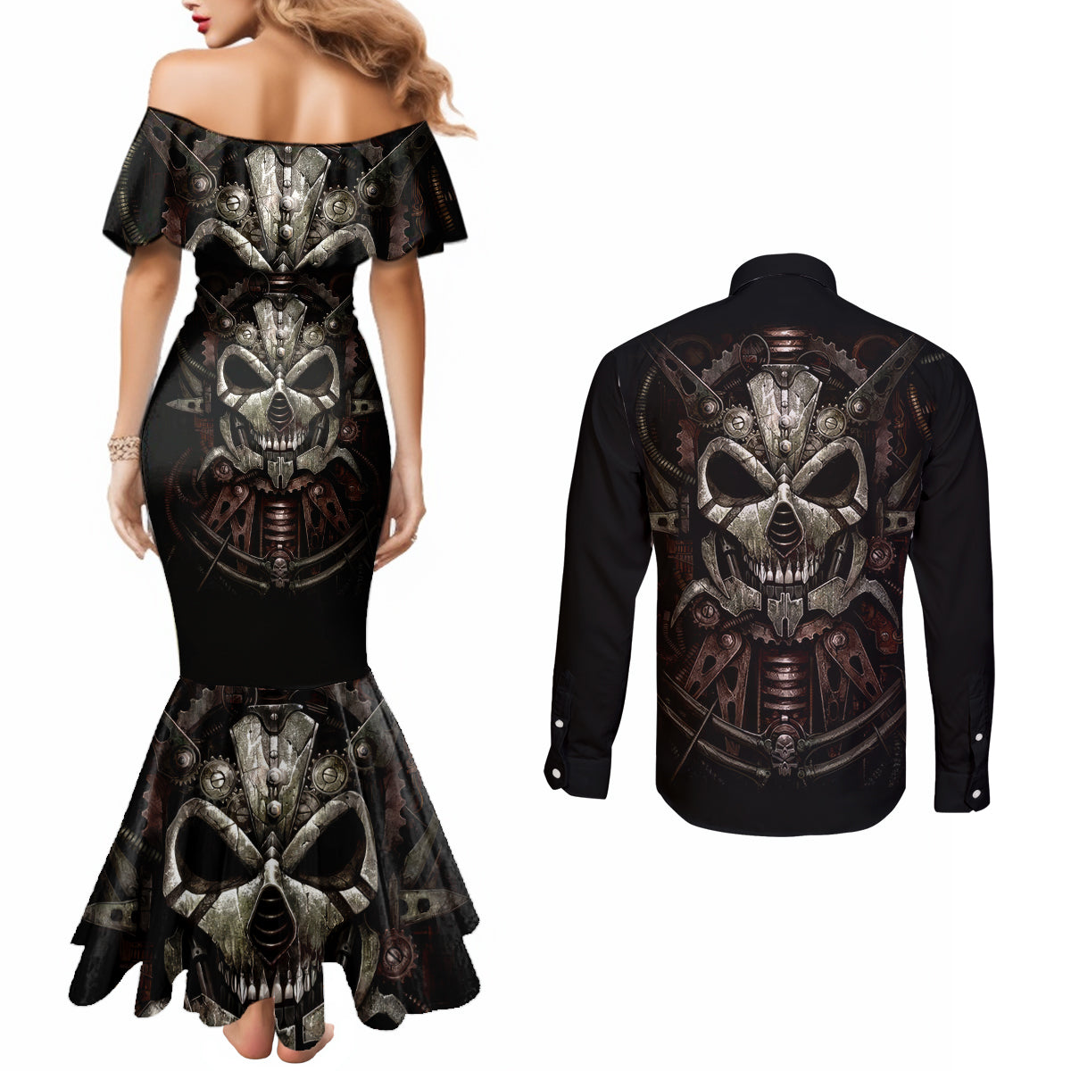 Unveiling the Mechanical Skull Couples Matching Mermaid Dress and Long Sleeve Button Shirts Cybernetic Enigma DT01