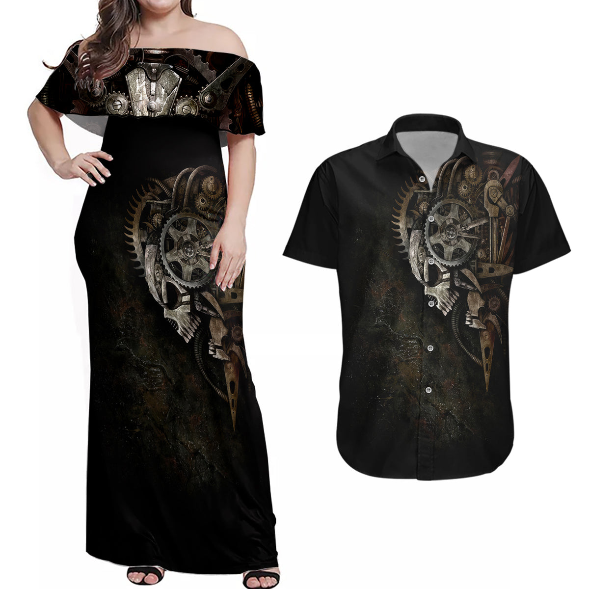Unveiling the Mechanical Skull Couples Matching Off Shoulder Maxi Dress and Hawaiian Shirt Cybernetic Enigma - Wonder Print Shop