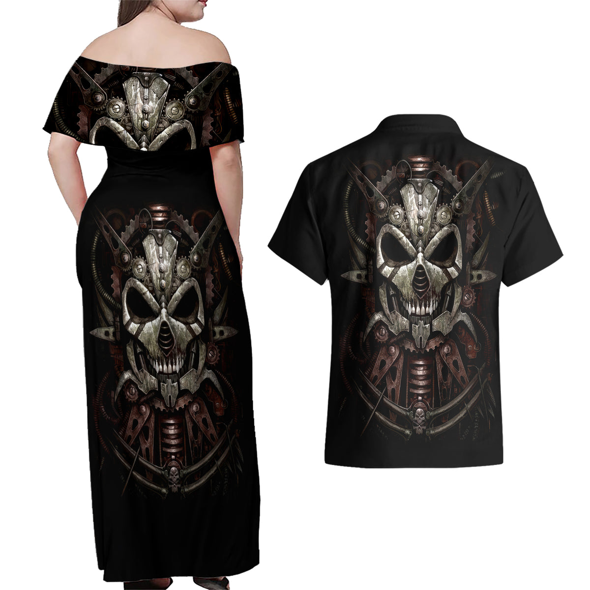 Unveiling the Mechanical Skull Couples Matching Off Shoulder Maxi Dress and Hawaiian Shirt Cybernetic Enigma - Wonder Print Shop