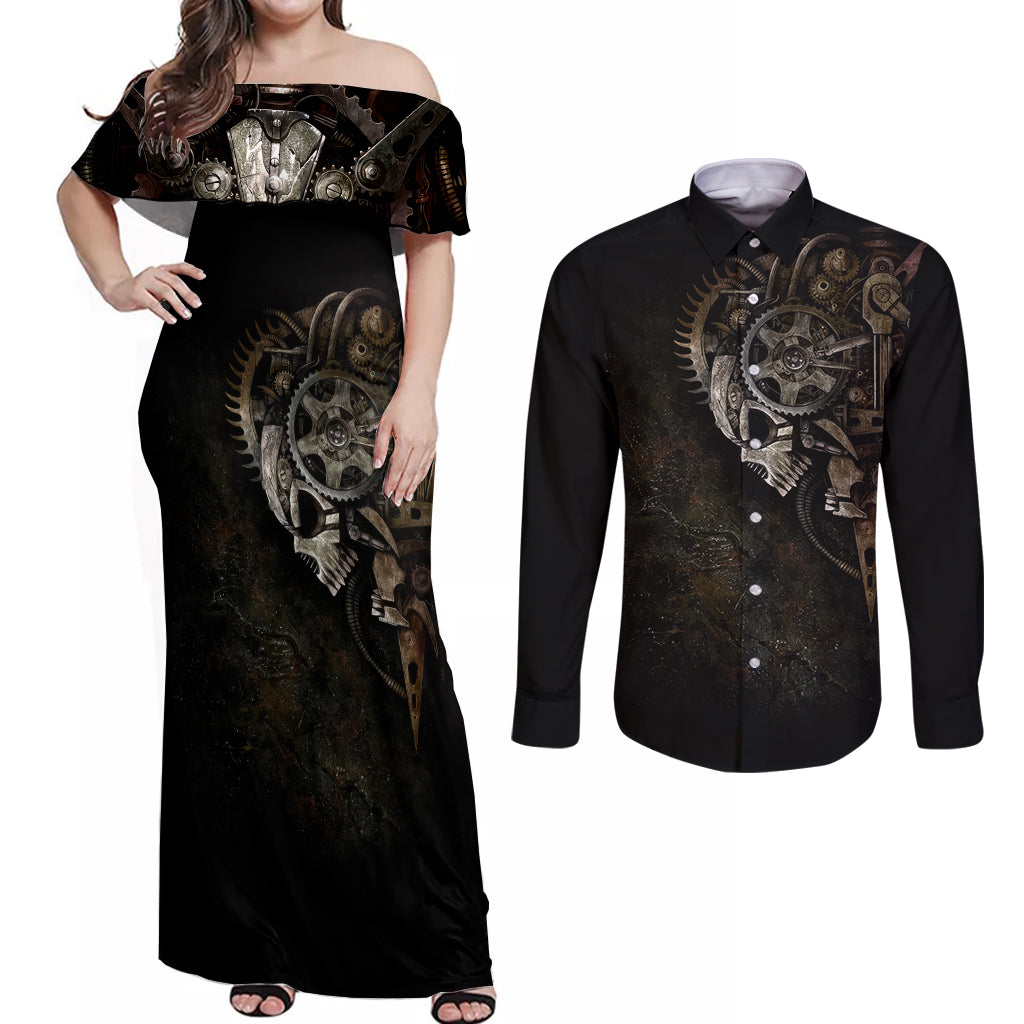 Unveiling the Mechanical Skull Couples Matching Off Shoulder Maxi Dress and Long Sleeve Button Shirts Cybernetic Enigma - Wonder Print Shop