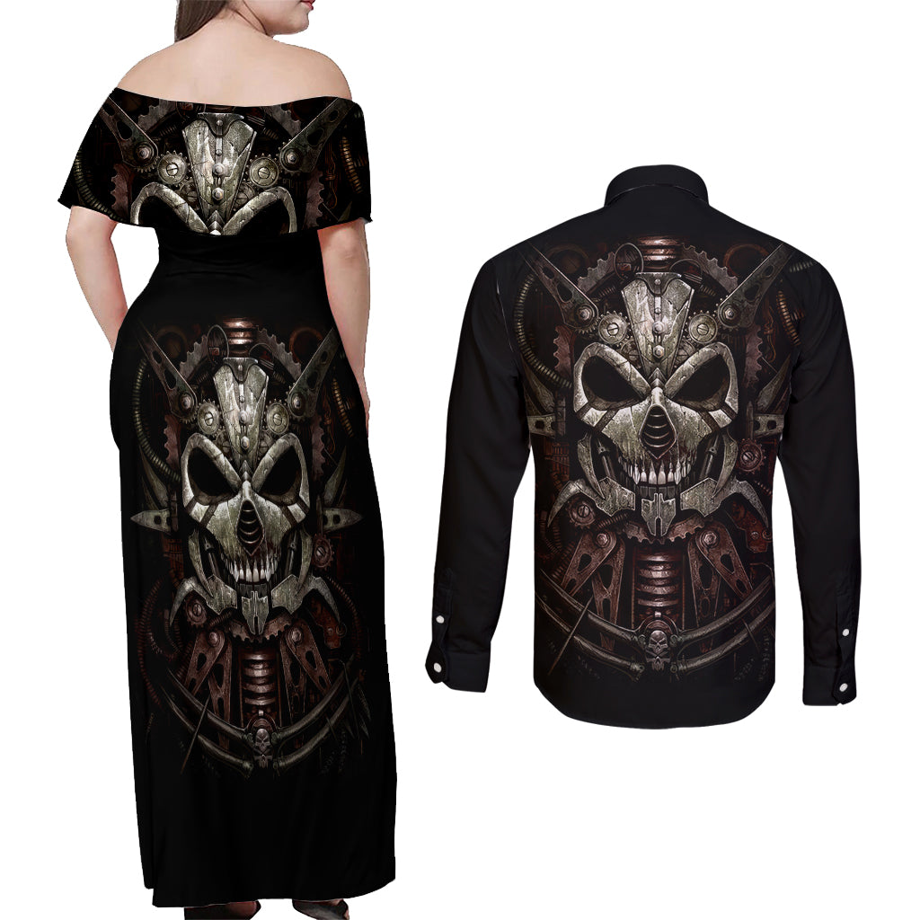 Unveiling the Mechanical Skull Couples Matching Off Shoulder Maxi Dress and Long Sleeve Button Shirts Cybernetic Enigma - Wonder Print Shop