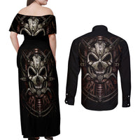 Unveiling the Mechanical Skull Couples Matching Off Shoulder Maxi Dress and Long Sleeve Button Shirts Cybernetic Enigma - Wonder Print Shop