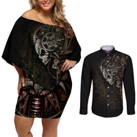 Unveiling the Mechanical Skull Couples Matching Off Shoulder Short Dress and Long Sleeve Button Shirts Cybernetic Enigma - Wonder Print Shop