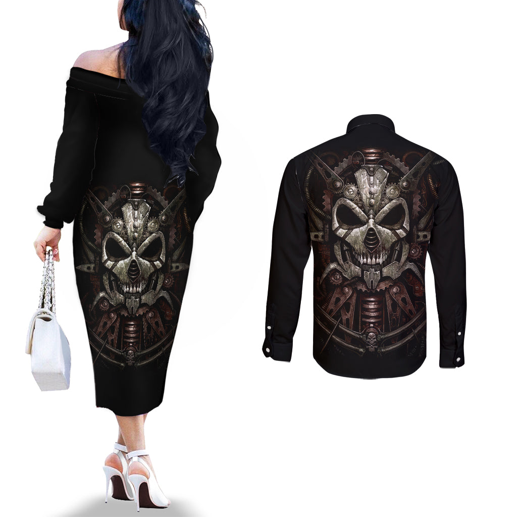 Unveiling the Mechanical Skull Couples Matching Off The Shoulder Long Sleeve Dress and Long Sleeve Button Shirts Cybernetic Enigma DT01