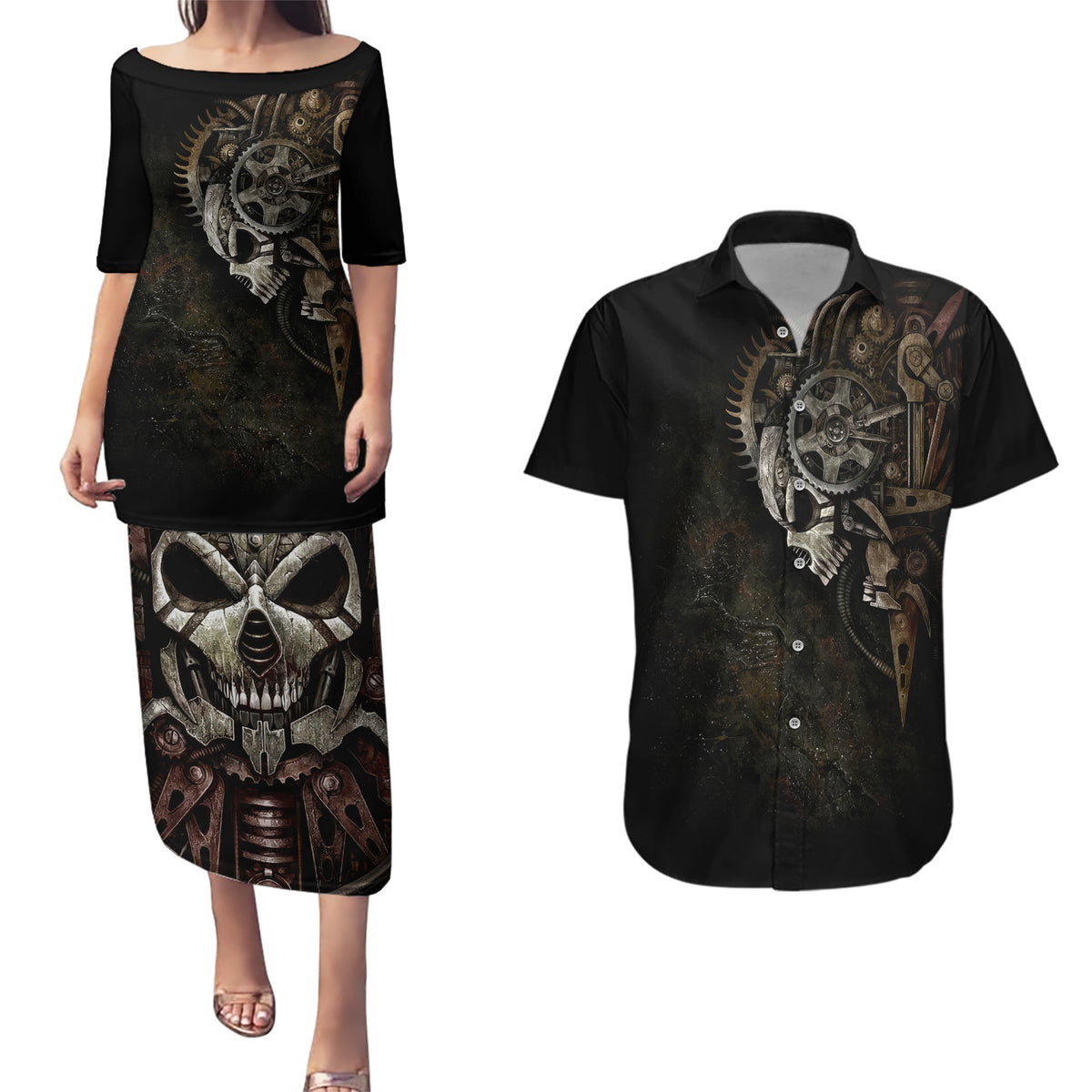 Unveiling the Mechanical Skull Couples Matching Puletasi Dress and Hawaiian Shirt Cybernetic Enigma - Wonder Print Shop