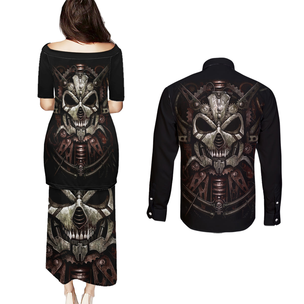 Unveiling the Mechanical Skull Couples Matching Puletasi Dress and Long Sleeve Button Shirts Cybernetic Enigma - Wonder Print Shop