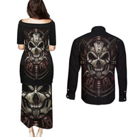Unveiling the Mechanical Skull Couples Matching Puletasi Dress and Long Sleeve Button Shirts Cybernetic Enigma - Wonder Print Shop