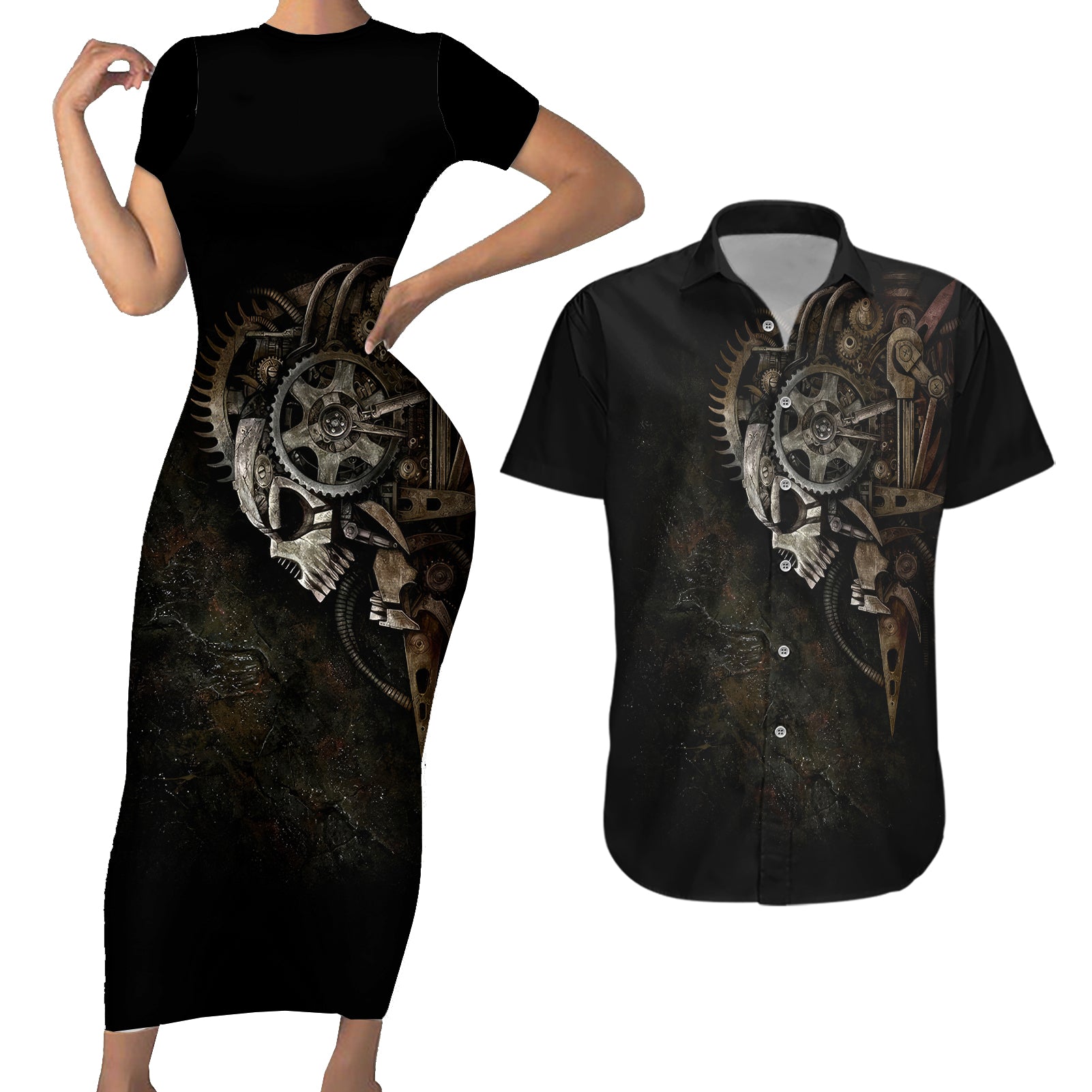 Unveiling the Mechanical Skull Couples Matching Short Sleeve Bodycon Dress and Hawaiian Shirt Cybernetic Enigma - Wonder Print Shop