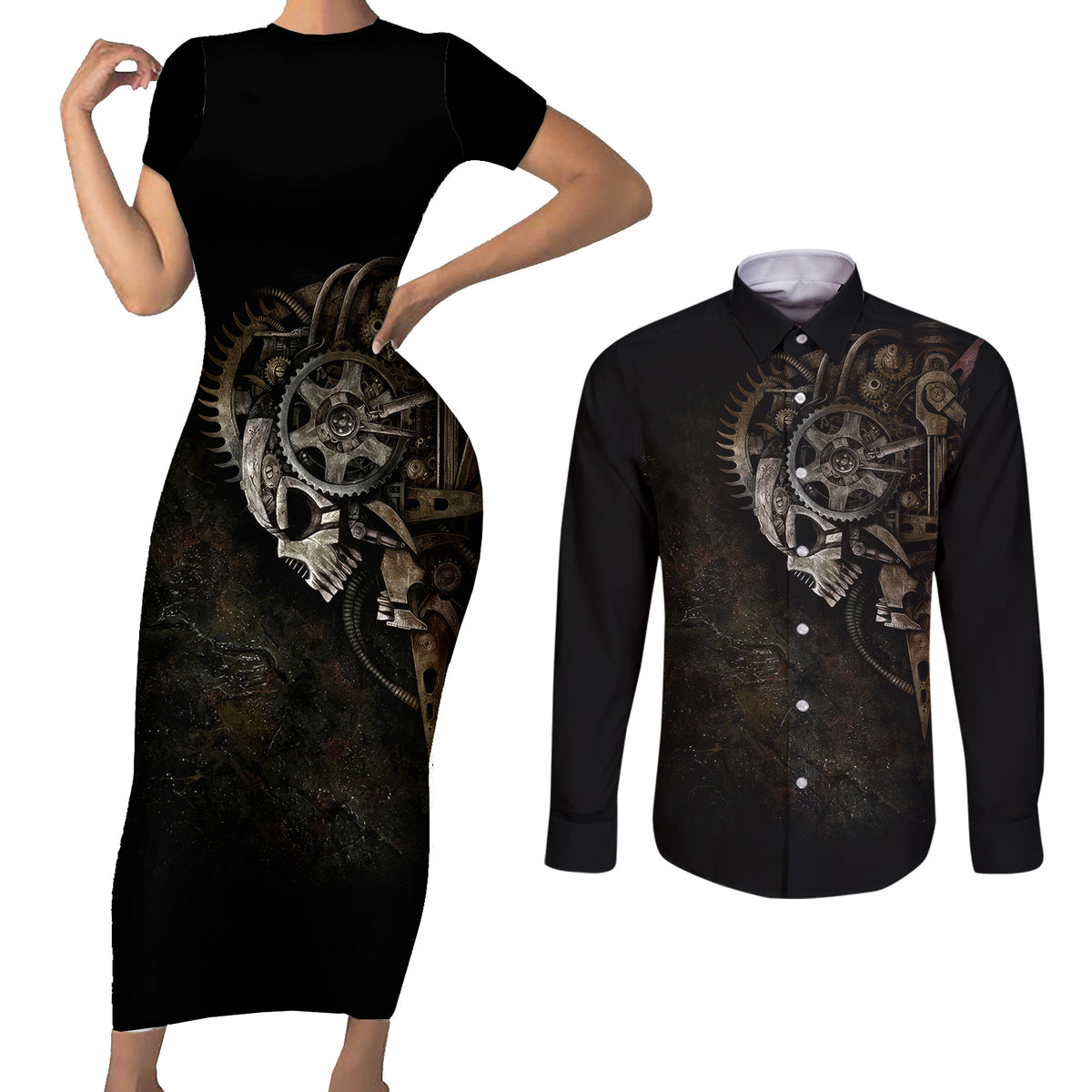 Unveiling the Mechanical Skull Couples Matching Short Sleeve Bodycon Dress and Long Sleeve Button Shirts Cybernetic Enigma - Wonder Print Shop