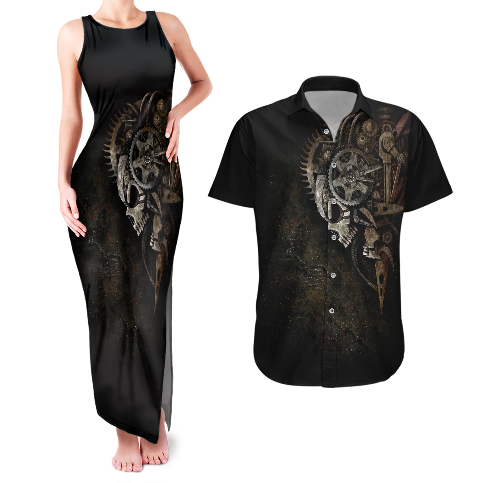 Unveiling the Mechanical Skull Couples Matching Tank Maxi Dress And Hawaiian Shirt Cybernetic Enigma - Wonder Print Shop