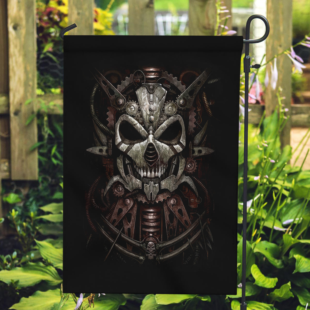 Unveiling the Mechanical Skull Garden Flag Cybernetic Enigma - Wonder Print Shop