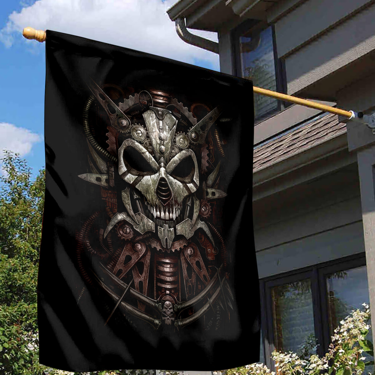 Unveiling the Mechanical Skull Garden Flag Cybernetic Enigma - Wonder Print Shop
