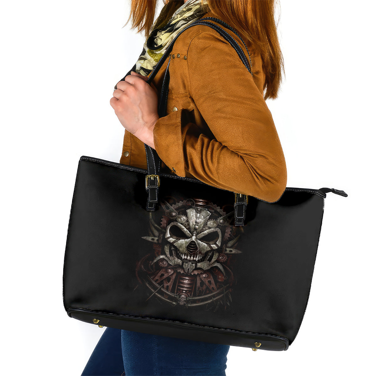 Unveiling the Mechanical Skull Leather Tote Bag Cybernetic Enigma - Wonder Print Shop