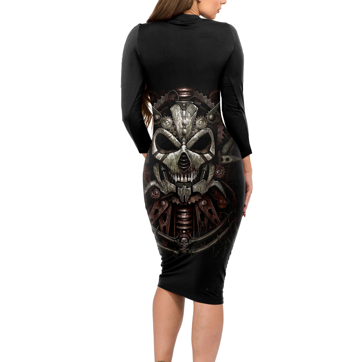 Unveiling the Mechanical Skull Long Sleeve Bodycon Dress Cybernetic Enigma - Wonder Print Shop