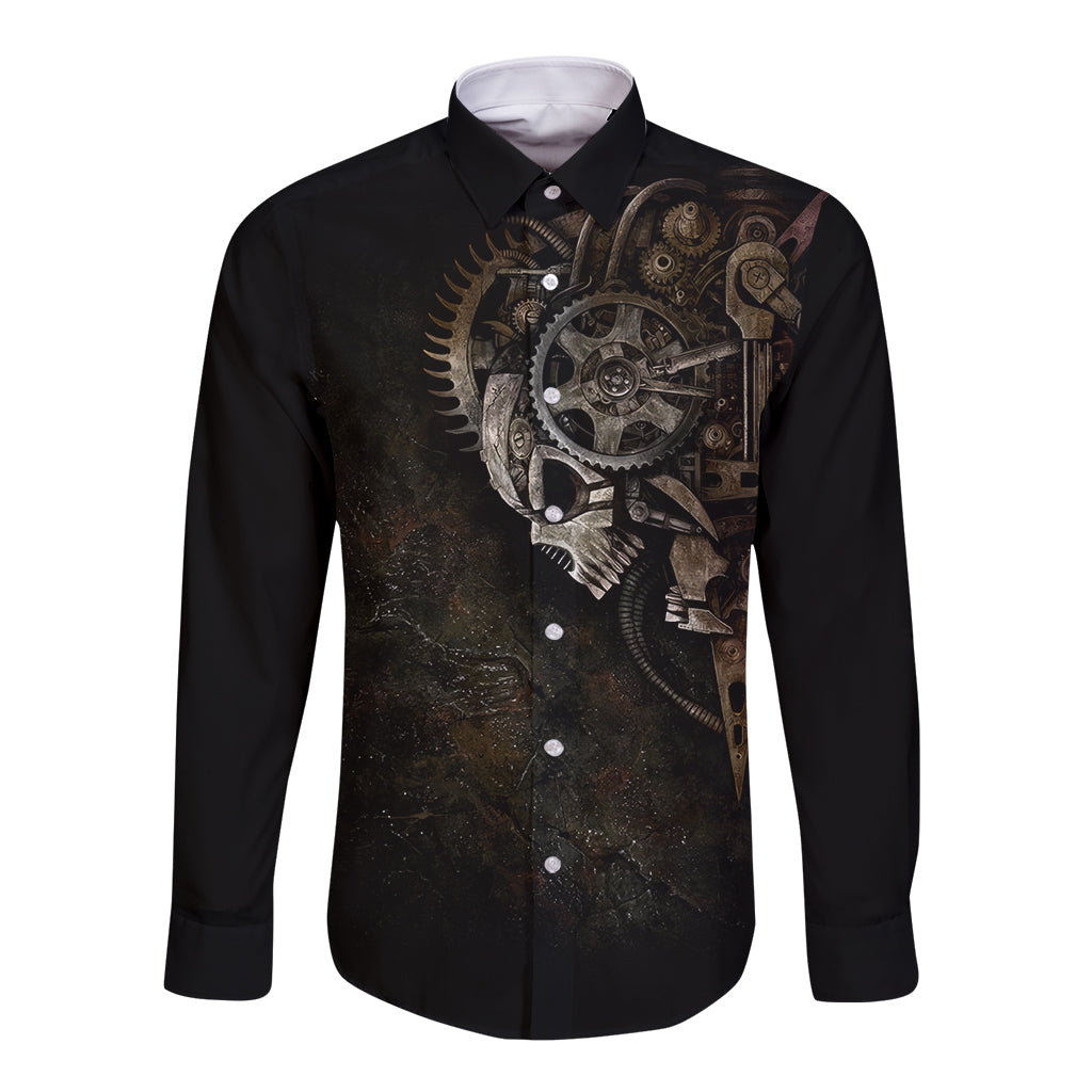 Unveiling the Mechanical Skull Long Sleeve Button Shirt Cybernetic Enigma - Wonder Print Shop