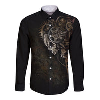 Unveiling the Mechanical Skull Long Sleeve Button Shirt Cybernetic Enigma - Wonder Print Shop