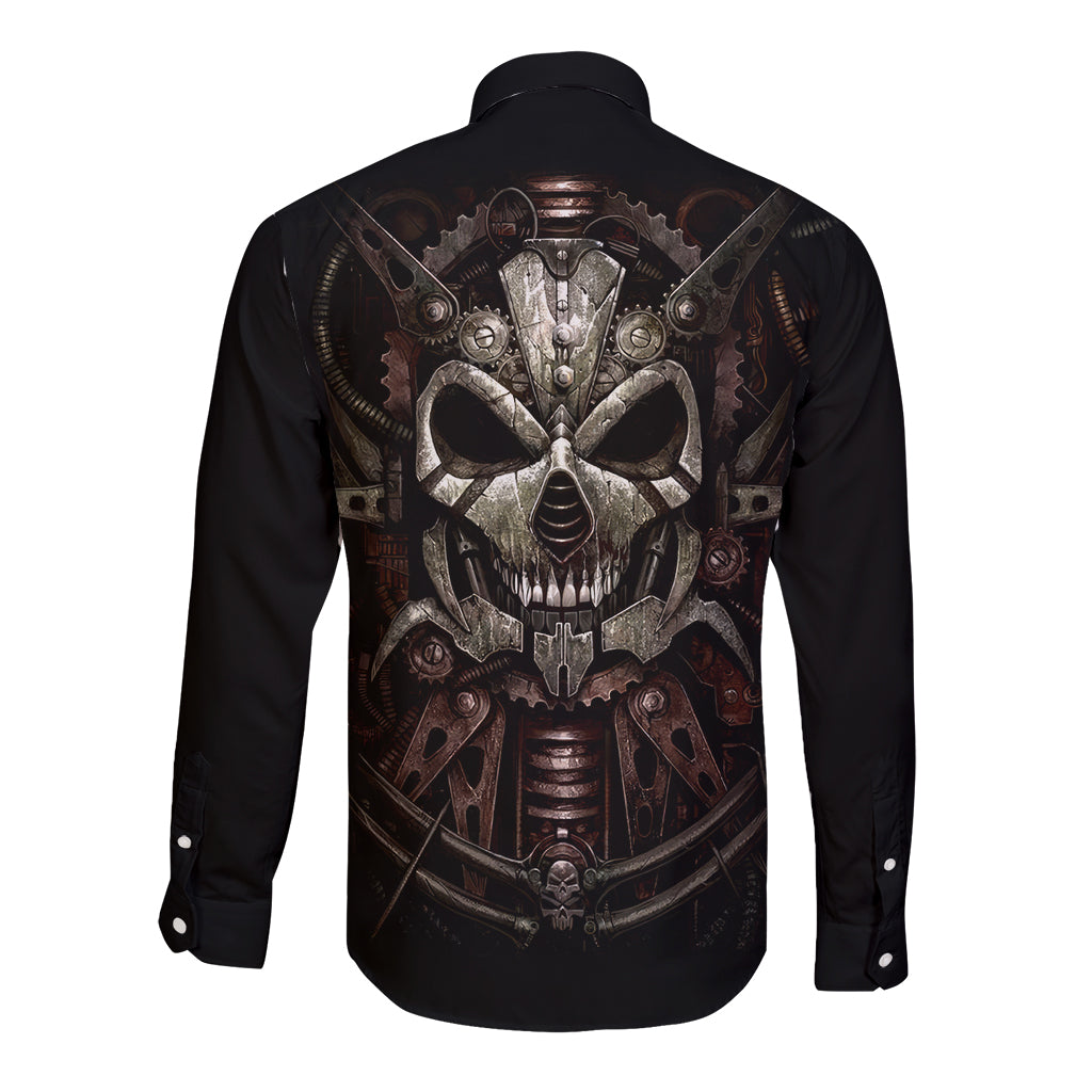 Unveiling the Mechanical Skull Long Sleeve Button Shirt Cybernetic Enigma - Wonder Print Shop