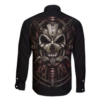 Unveiling the Mechanical Skull Long Sleeve Button Shirt Cybernetic Enigma - Wonder Print Shop