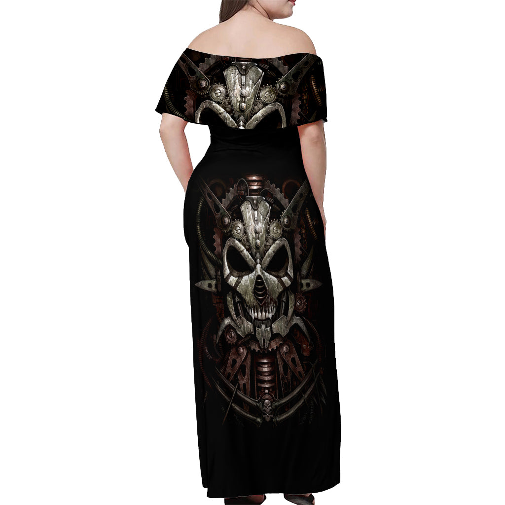 Unveiling the Mechanical Skull Off Shoulder Maxi Dress Cybernetic Enigma - Wonder Print Shop