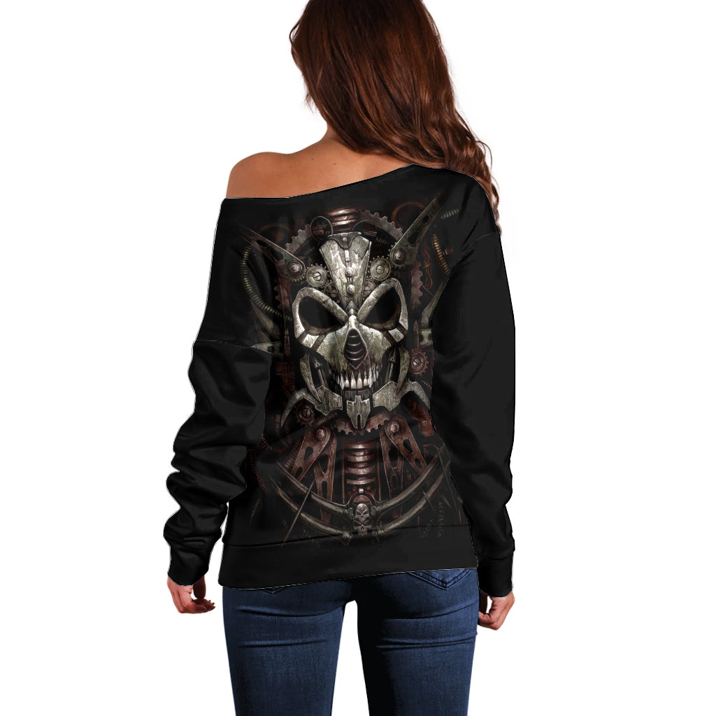 Unveiling the Mechanical Skull Off Shoulder Sweater Cybernetic Enigma - Wonder Print Shop