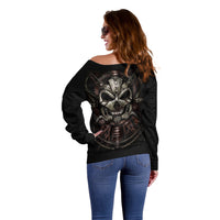 Unveiling the Mechanical Skull Off Shoulder Sweater Cybernetic Enigma - Wonder Print Shop