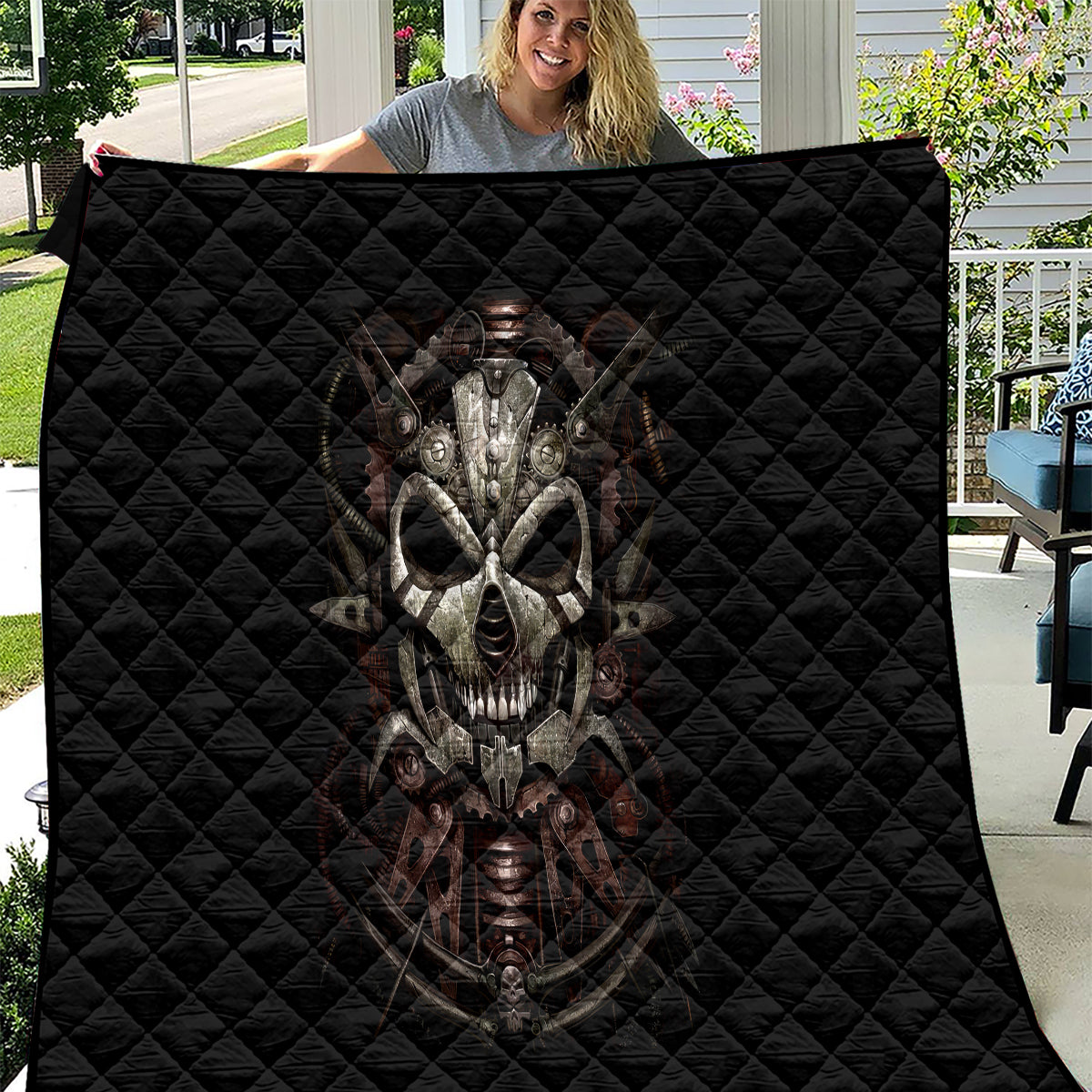 Unveiling the Mechanical Skull Quilt Cybernetic Enigma - Wonder Print Shop