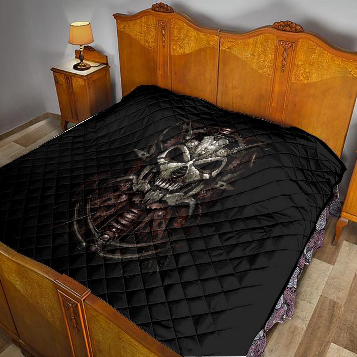Unveiling the Mechanical Skull Quilt Cybernetic Enigma - Wonder Print Shop