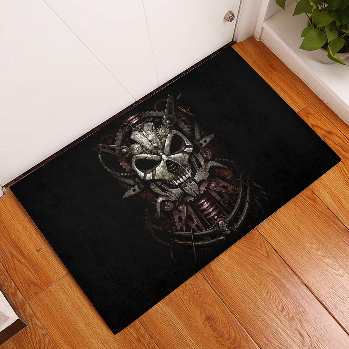 Unveiling the Mechanical Skull Rubber Doormat Cybernetic Enigma - Wonder Print Shop