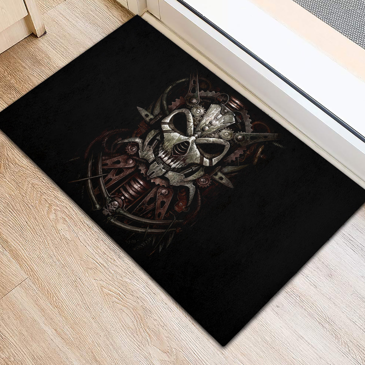 Unveiling the Mechanical Skull Rubber Doormat Cybernetic Enigma - Wonder Print Shop