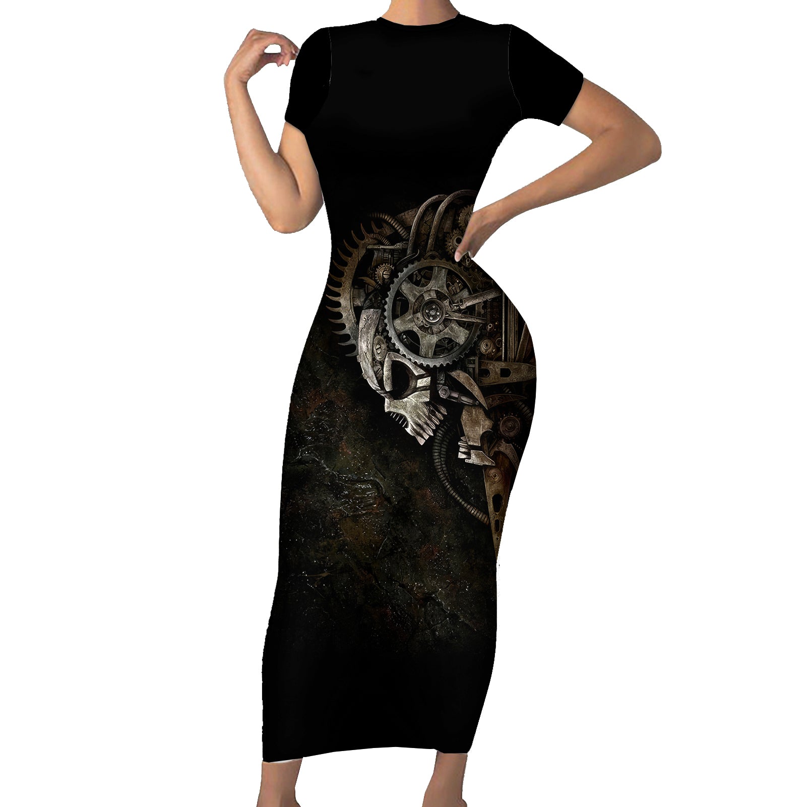 Unveiling the Mechanical Skull Short Sleeve Bodycon Dress Cybernetic Enigma - Wonder Print Shop