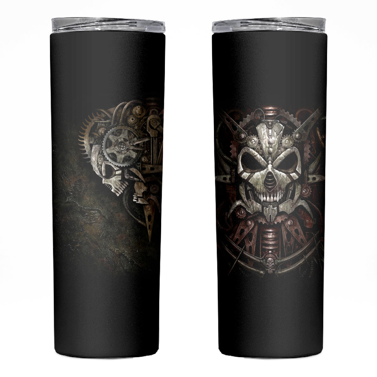 Unveiling the Mechanical Skull Skinny Tumbler Cybernetic Enigma - Wonder Print Shop