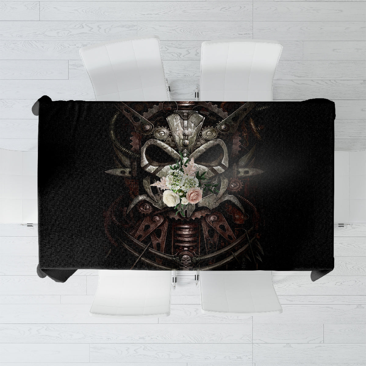Unveiling the Mechanical Skull Tablecloth Cybernetic Enigma - Wonder Print Shop
