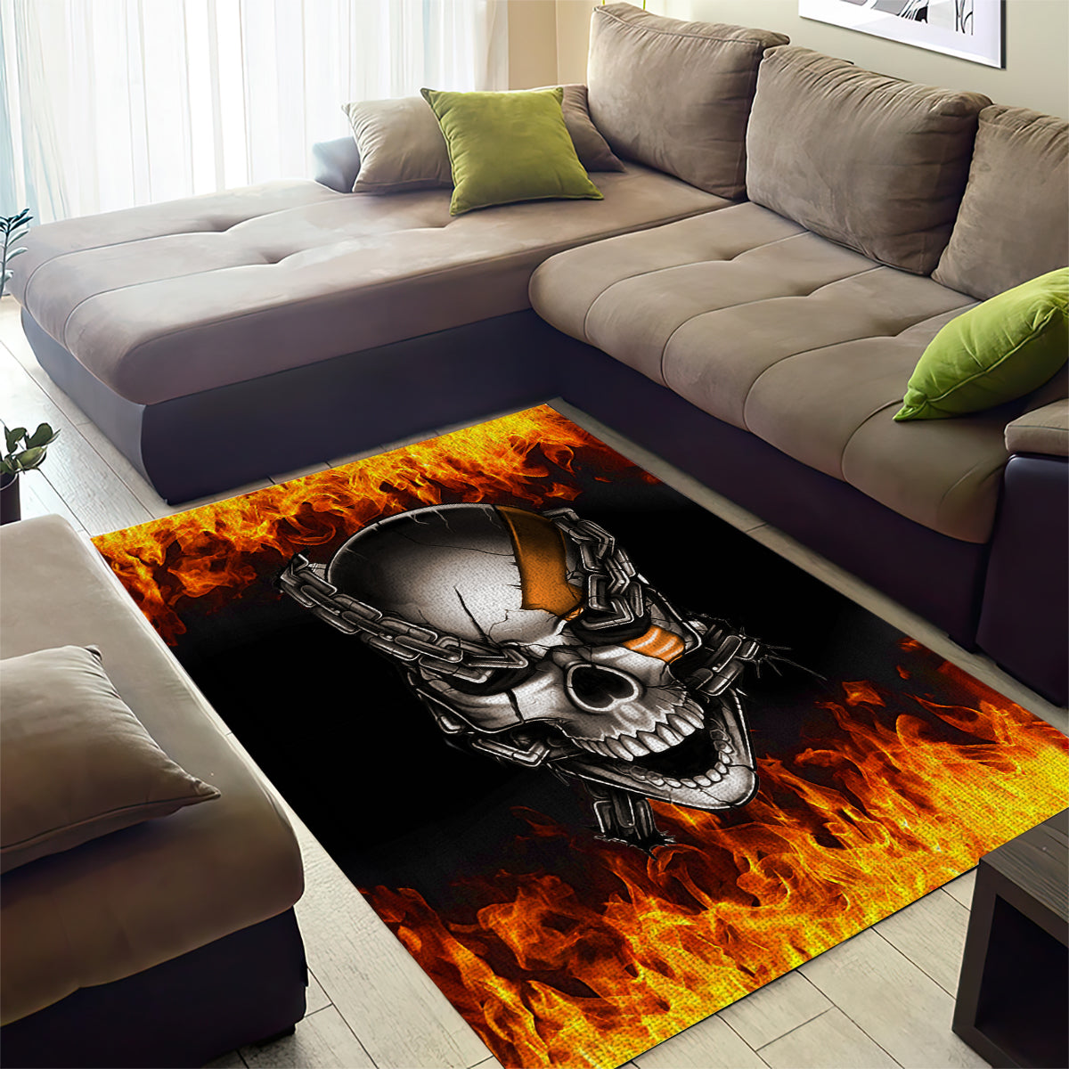 Metal Skull Area Rug Infernal Chains in Fiery Abyss - Wonder Print Shop