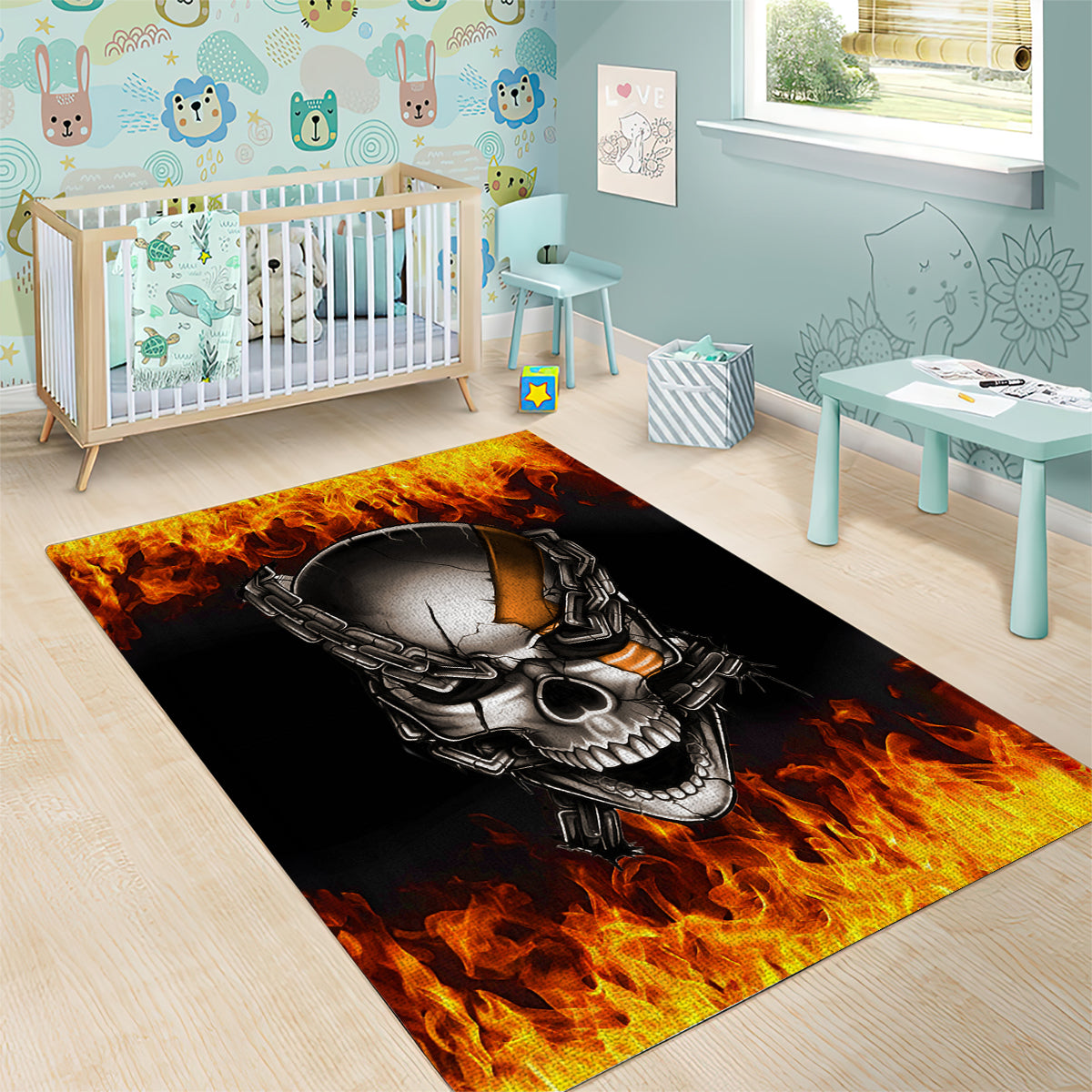 Metal Skull Area Rug Infernal Chains in Fiery Abyss - Wonder Print Shop