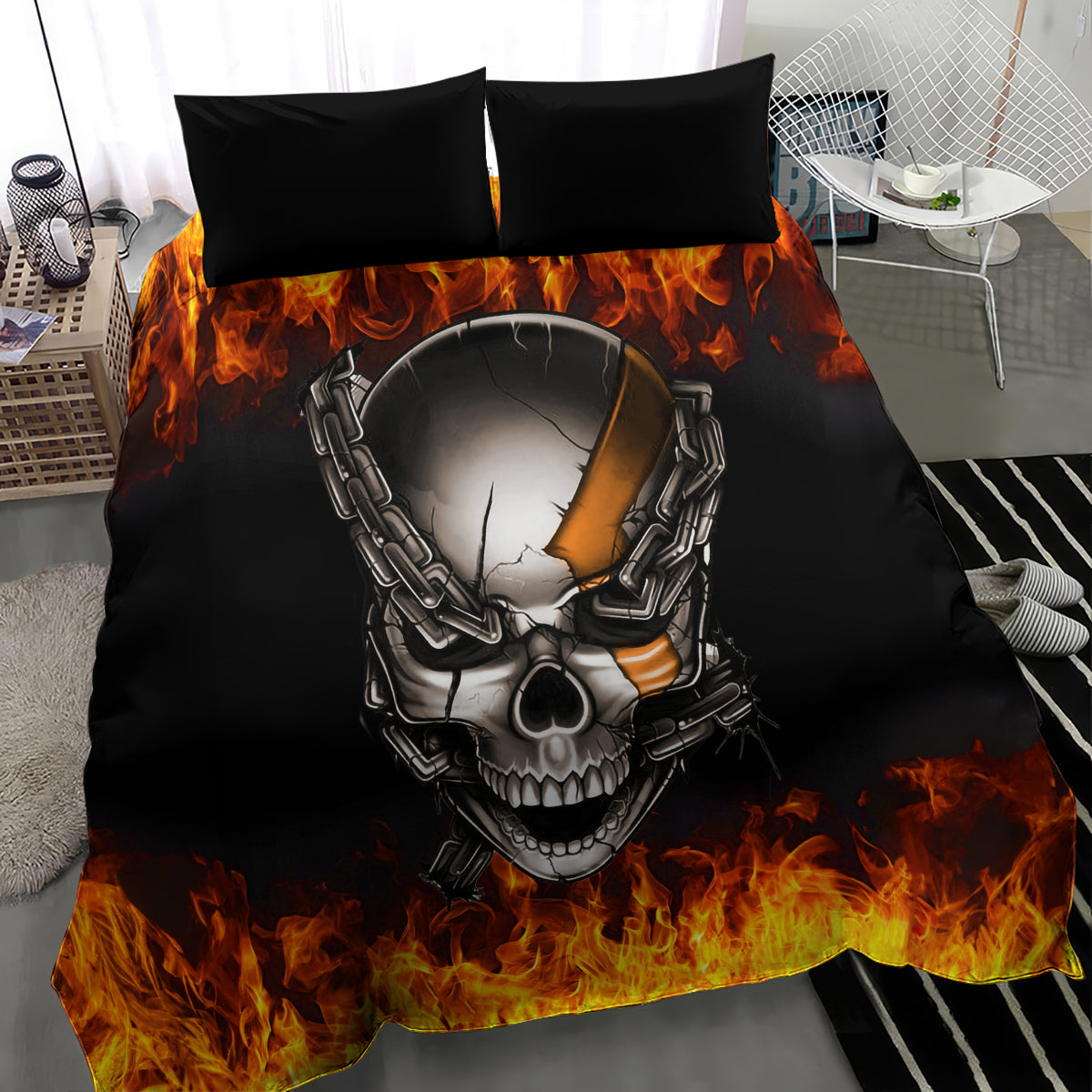Metal Skull Bedding Set Infernal Chains in Fiery Abyss - Wonder Print Shop