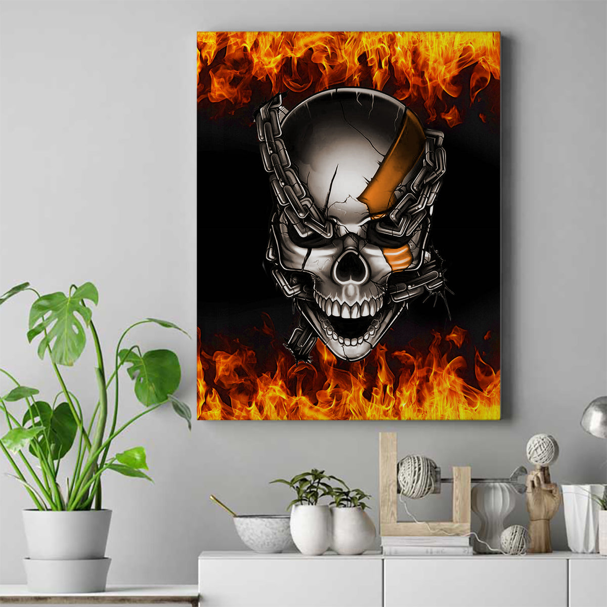 Metal Skull Canvas Wall Art Infernal Chains in Fiery Abyss - Wonder Print Shop