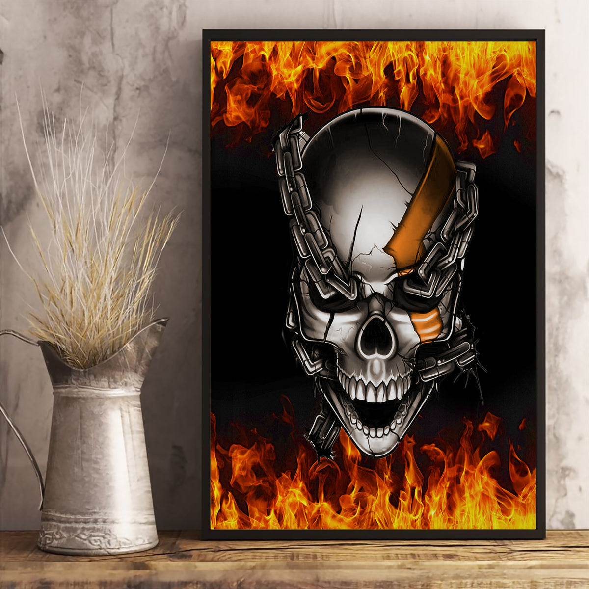 Metal Skull Canvas Wall Art Infernal Chains in Fiery Abyss - Wonder Print Shop