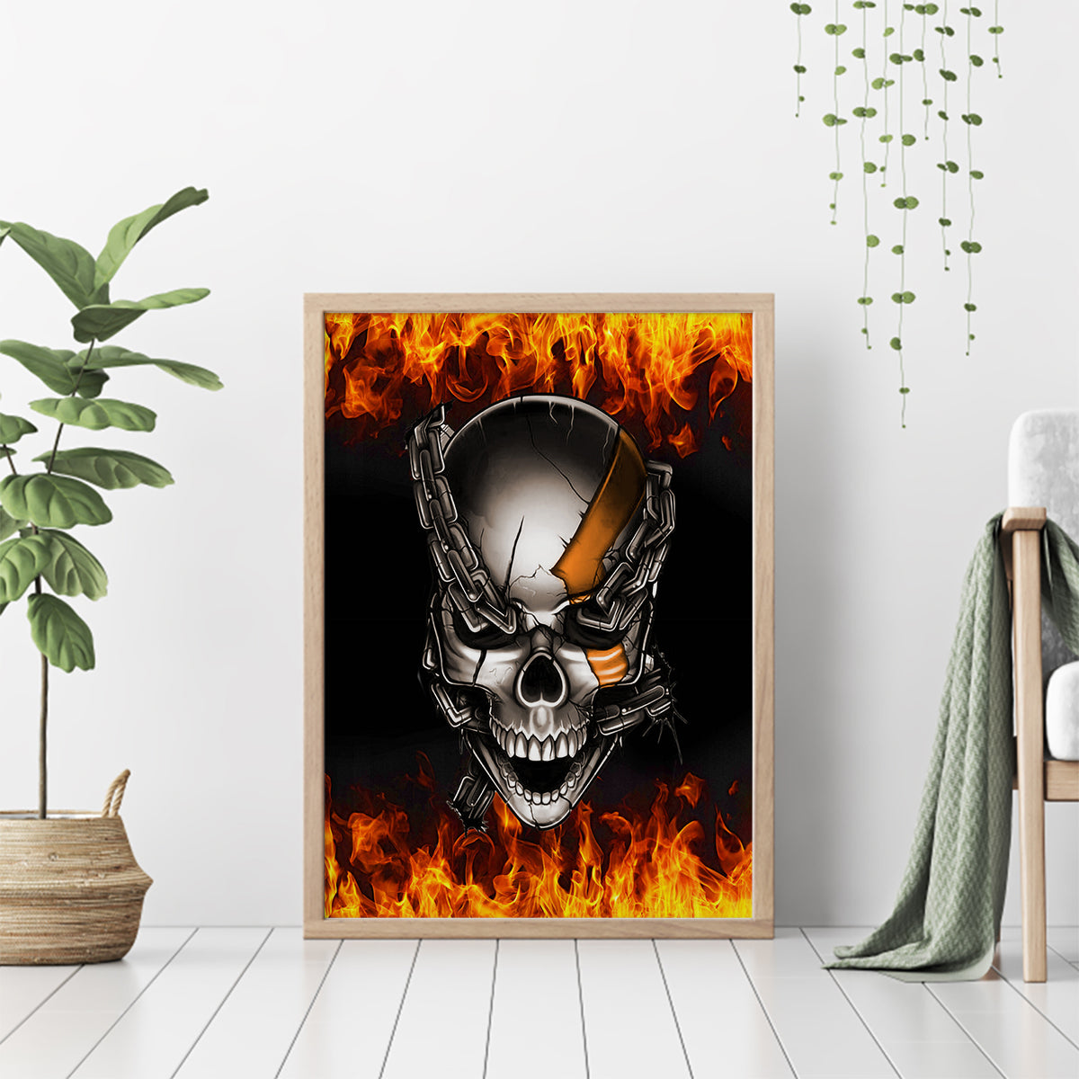Metal Skull Canvas Wall Art Infernal Chains in Fiery Abyss - Wonder Print Shop