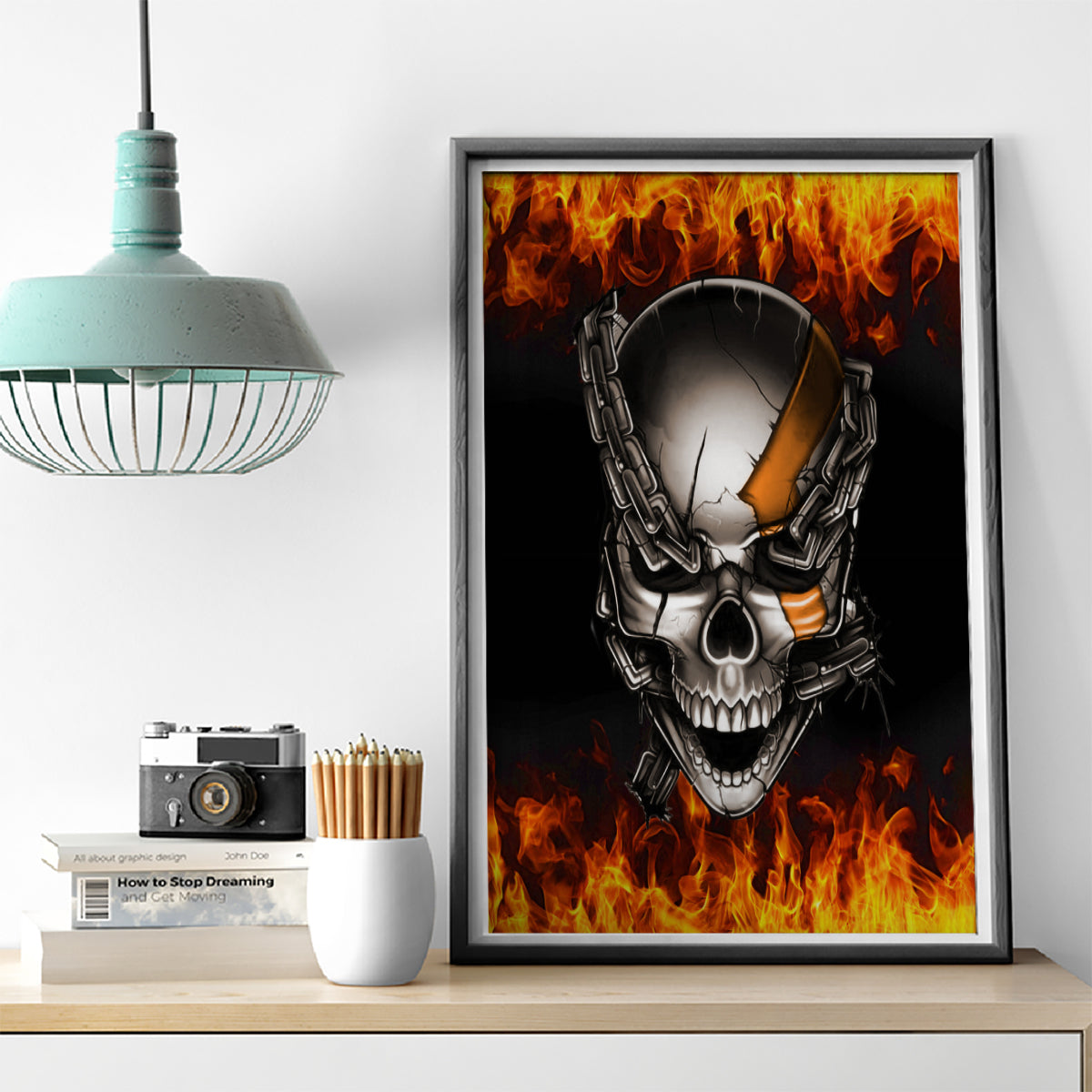 Metal Skull Canvas Wall Art Infernal Chains in Fiery Abyss - Wonder Print Shop