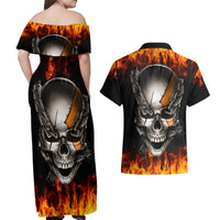 Metal Skull Couples Matching Off Shoulder Maxi Dress and Hawaiian Shirt Infernal Chains in Fiery Abyss - Wonder Print Shop