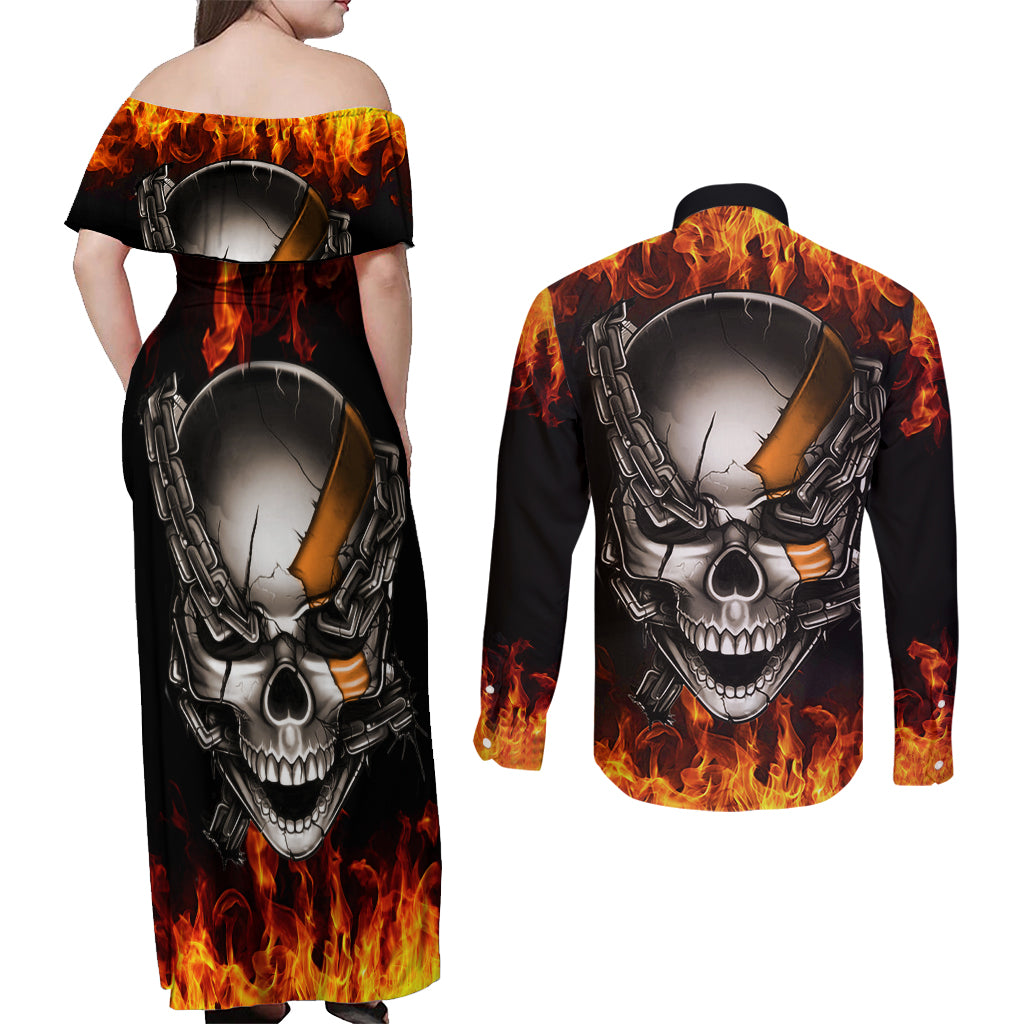 Metal Skull Couples Matching Off Shoulder Maxi Dress and Long Sleeve Button Shirts Infernal Chains in Fiery Abyss - Wonder Print Shop