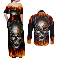 Metal Skull Couples Matching Off Shoulder Maxi Dress and Long Sleeve Button Shirts Infernal Chains in Fiery Abyss - Wonder Print Shop
