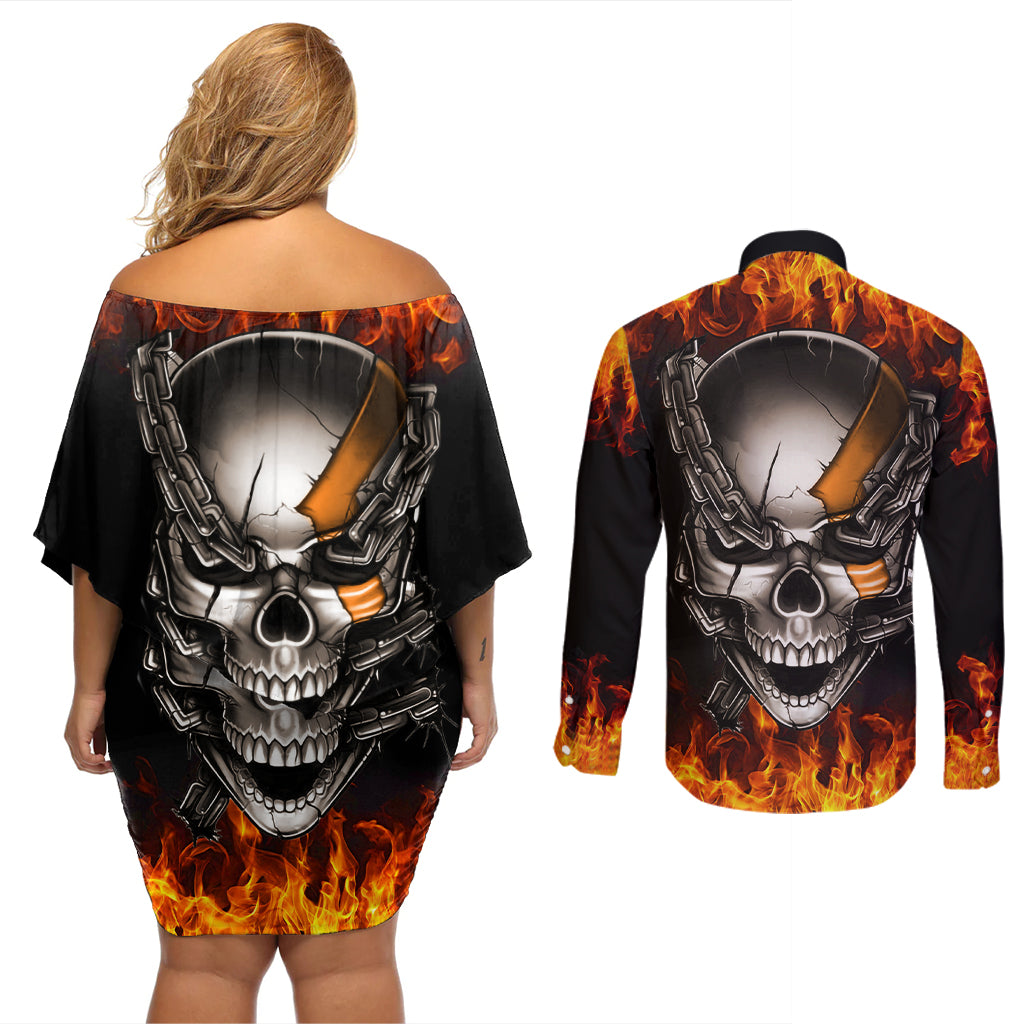 Metal Skull Couples Matching Off Shoulder Short Dress and Long Sleeve Button Shirts Infernal Chains in Fiery Abyss - Wonder Print Shop