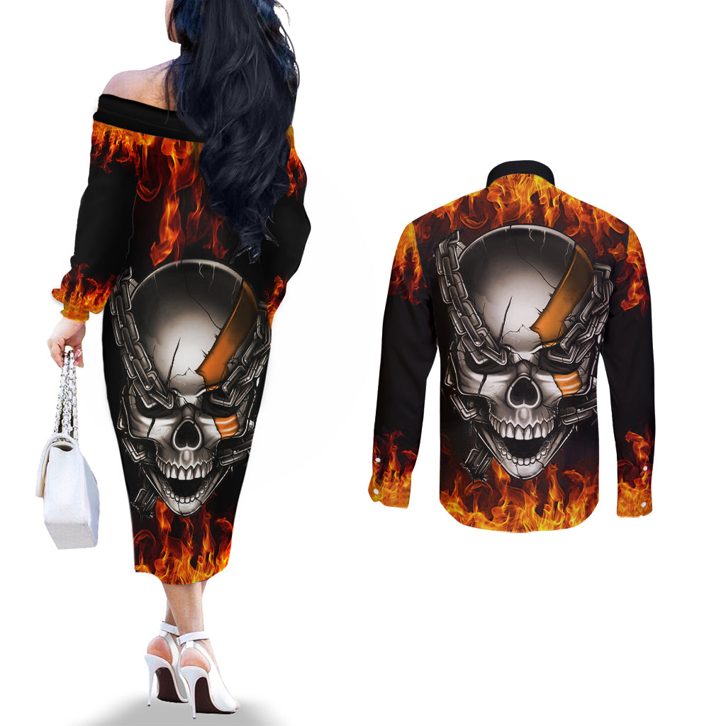 Metal Skull Couples Matching Off The Shoulder Long Sleeve Dress and Long Sleeve Button Shirts Infernal Chains in Fiery Abyss DT01