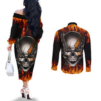 Metal Skull Couples Matching Off The Shoulder Long Sleeve Dress and Long Sleeve Button Shirts Infernal Chains in Fiery Abyss DT01