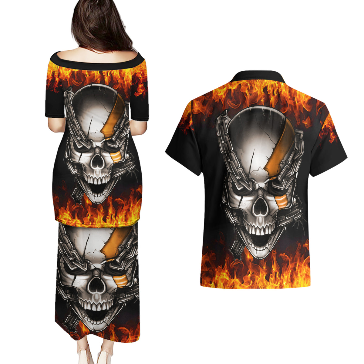 Metal Skull Couples Matching Puletasi Dress and Hawaiian Shirt Infernal Chains in Fiery Abyss - Wonder Print Shop