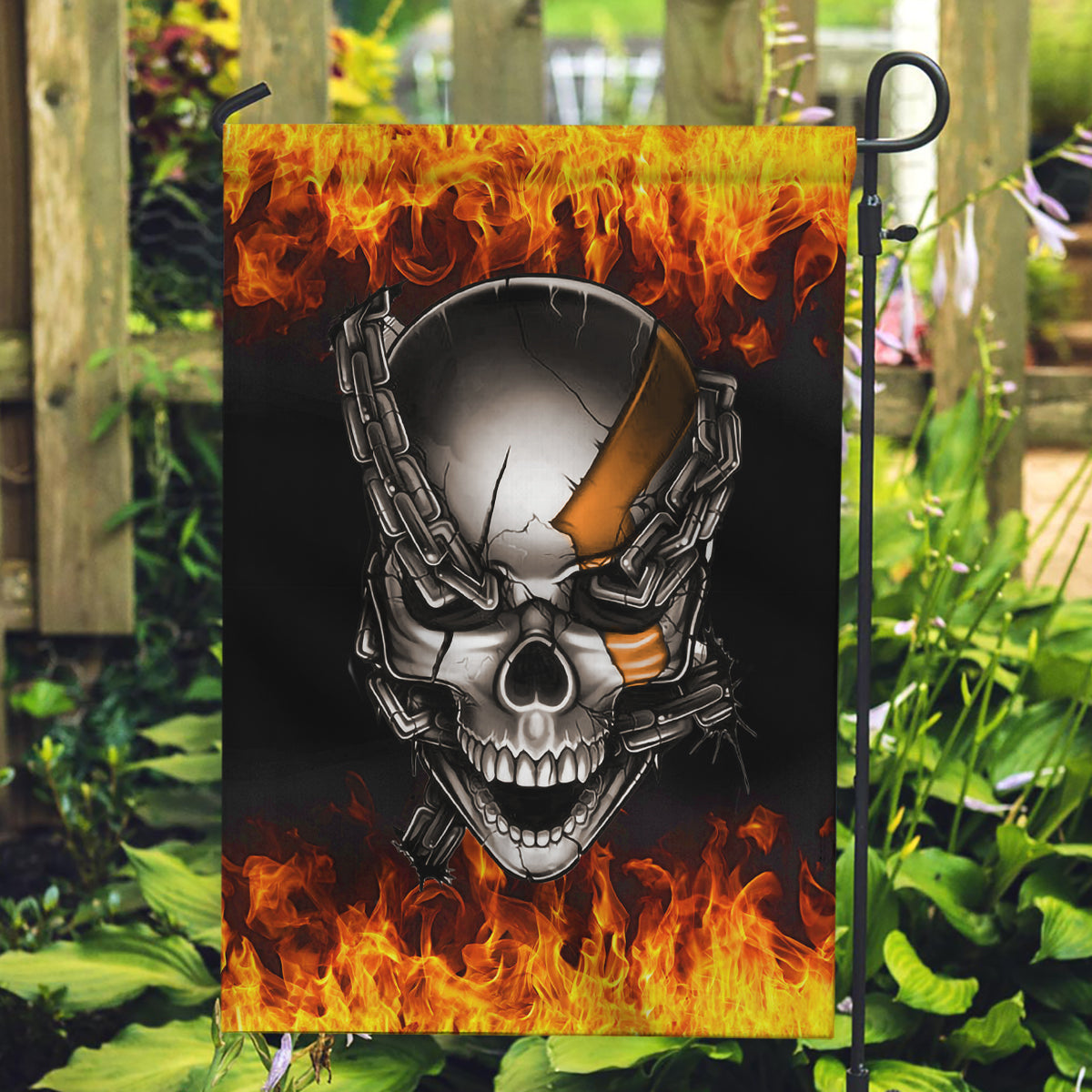 Metal Skull Garden Flag Infernal Chains in Fiery Abyss - Wonder Print Shop