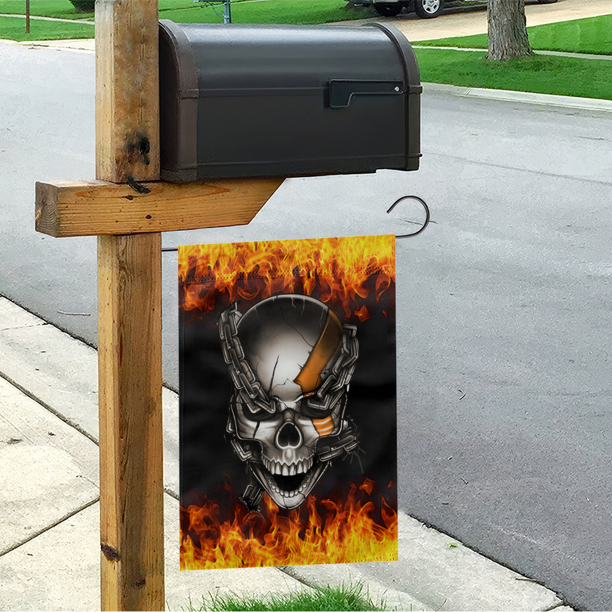 Metal Skull Garden Flag Infernal Chains in Fiery Abyss - Wonder Print Shop