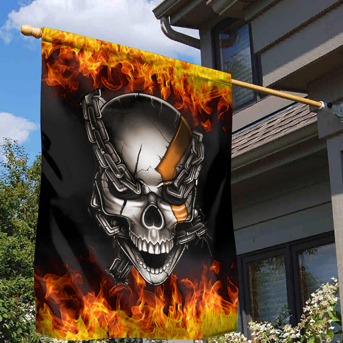 Metal Skull Garden Flag Infernal Chains in Fiery Abyss - Wonder Print Shop